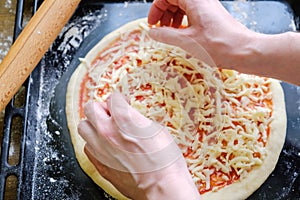 Fresh original Italian raw pizza, preparation on a baking tray in the oven