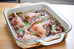 fresh out of the oven coq au vin in a glass casserole dish