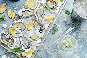 Fresh oyster in dish with lemon and champagne in restaurant. banner, menu, recipe place for text, top view