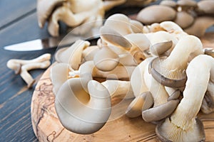 Fresh oyster mushrooms on wooden cutting board