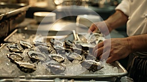 Fresh oysters being shucked and arranged on a serving tray for consumption