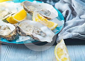 Fresh Oysters closeup on blue plate, served table with oysters, lemon and ice. Healthy sea food. Oyster dinner in restaurant