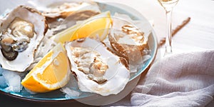 Fresh Oysters closeup, served with oysters, lemon and ice. Healthy seafood. Oyster dinner in restaurant