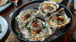 Fresh oysters on the half shell served on a dark plate. garnished with herbs, perfect for seafood menus and culinary