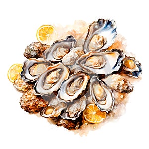 Fresh oysters on ice with lemon in watercolor style on a white background