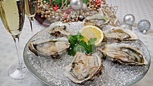 Fresh oysters on ice rotating, Christmas New Year decoration, glasses of champagne. Close up