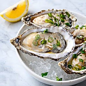 Fresh oysters with lemon and parsley on white marble background.