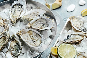 Fresh Oysters with lime, lemon and ice. Restaurant menu, dieting, cookbook recipe