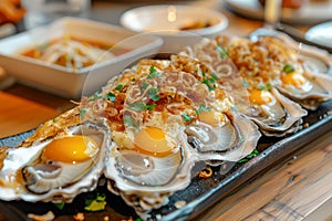 Fresh Oysters with Quail Eggs and Crispy Fried Shallots on a Wooden Serving Tray in a Casual Dining Setting