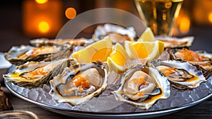 Fresh oysters in a white plate with ice and lemon on a wooden desk.