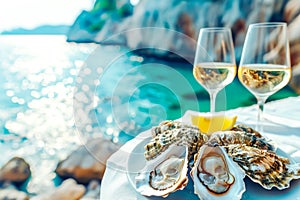 Fresh Oysters on white plate with lemon and and two glasses of white wine on blurred seascape background