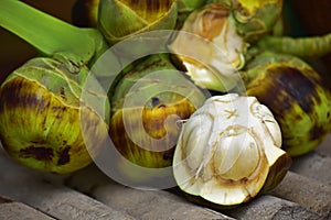 Fresh Palmyra palm fruit and shell of Palmyra palm. Asian Toddy palm, Sugar palm