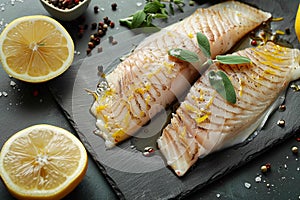 Fresh pangasius fillet with zesty lemon and spices, rustic presentation