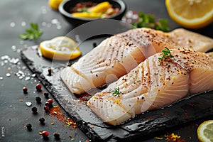 Fresh pangasius fillet with zesty lemon and spices, rustic presentation