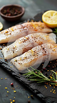 Fresh pangasius fillet with zesty lemon and spices, rustic presentation