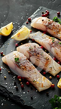 Fresh pangasius fillet with zesty lemon and spices, rustic presentation