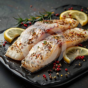 Fresh pangasius fillet with zesty lemon and spices, rustic presentation