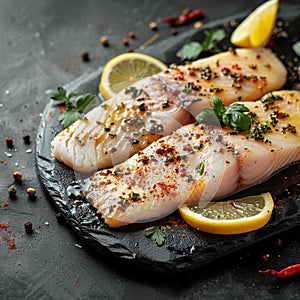 Fresh pangasius fillet with zesty lemon and spices, rustic presentation