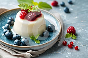 Fresh Panna Cotta with Berries on a Rustic Table Setting