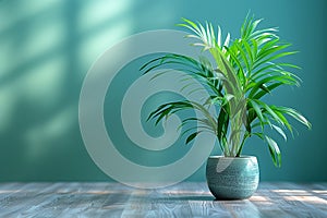 Fresh parlor palm plant in a light blue ceramic pot on a wooden floor