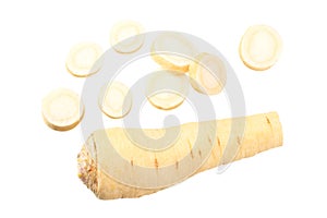 fresh parsley root with slices isolated on white background. top view