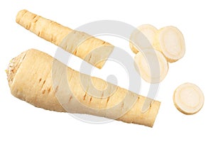 Fresh parsley root with slices isolated on white background. top view