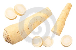 Fresh parsley root with slices isolated on white background. top view