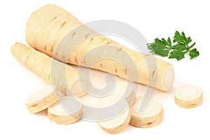 fresh parsley root with slices and parsley isolated on white background