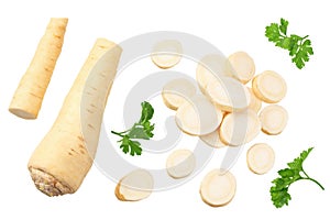 Fresh parsley root with slices and parsley isolated on white background. top view