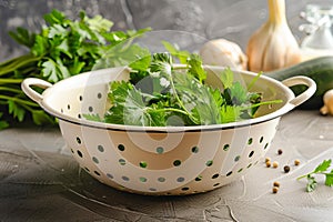 Fresh parsley in white colander on kitchen counter