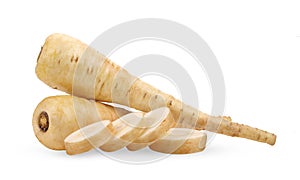 fresh parsnip roots on white