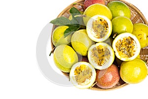 Fresh passion fruit in basker on white isolate background