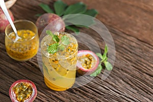 Fresh passion fruit with mint and soda water in glass, detox water, healthy drink