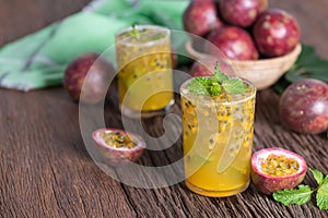 Fresh passion fruit with mint and soda water in glass, detox water, healthy drink