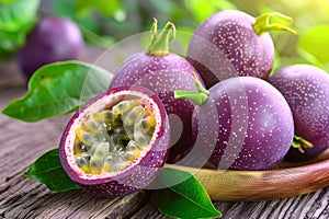 Fresh passion fruits in stylish wooden bowls at garden cafe with lush greenery for tropical ambiance