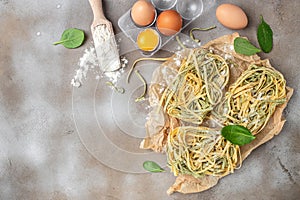 Fresh pasta being rolled and sliced. banner, menu, recipe place for text, top view