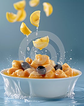 Fresh Pasta Conchiglie with Splashing Water and Flying Slices of Lemon and Olives on Blue Background