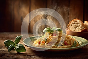 Fresh Pasta Dish with Basil Garnish and Bread in Rustic Setting