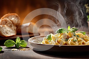 Fresh Pasta Dish with Basil Garnish and Bread in Rustic Setting
