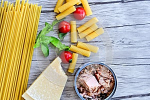 Fresh pasta ingredients and canned tuna fish