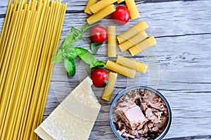 Fresh pasta ingredients and canned tuna fish