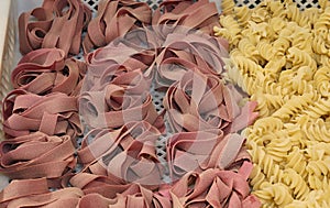 fresh pasta made with flour and egg during the drying phase