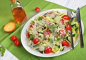 Fresh pasta salad on a plate, close-up