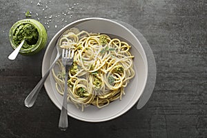 Fresh pasta Spaghetti with basil pesto sauce