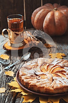 Fresh pastry apple pie with sugar powder on wooden table with hot drink tea and cinnamon on background. Homemade cake Thanksgiving
