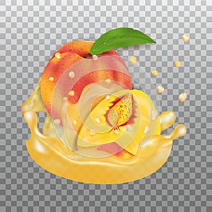 Fresh Peach and juice splash. Fruit 3d realistic vector on transparent background