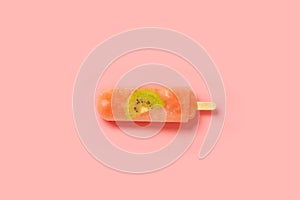fresh peach and oolong flavor with slice of kiwi fruit popsicle on pink background
