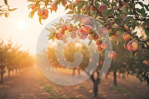 Fresh peach tree farm background, ai generative