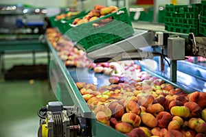 Fresh peaches on conveyor belt of sorting production line
