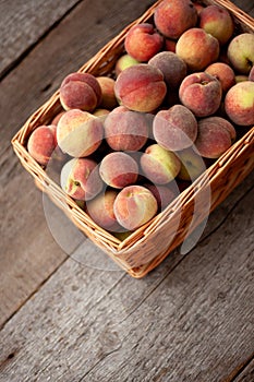 Fresh peaches fruits in basket on dark wooden rustic background, top view. Summer harvest of fruit. Still life. A group